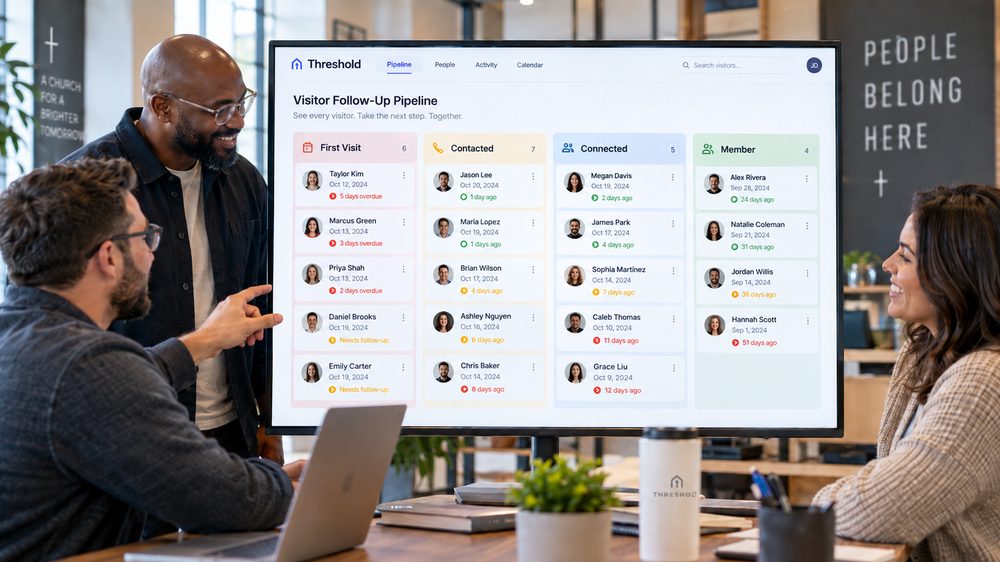 A team reviewing the visitor follow-up pipeline together on a shared screen