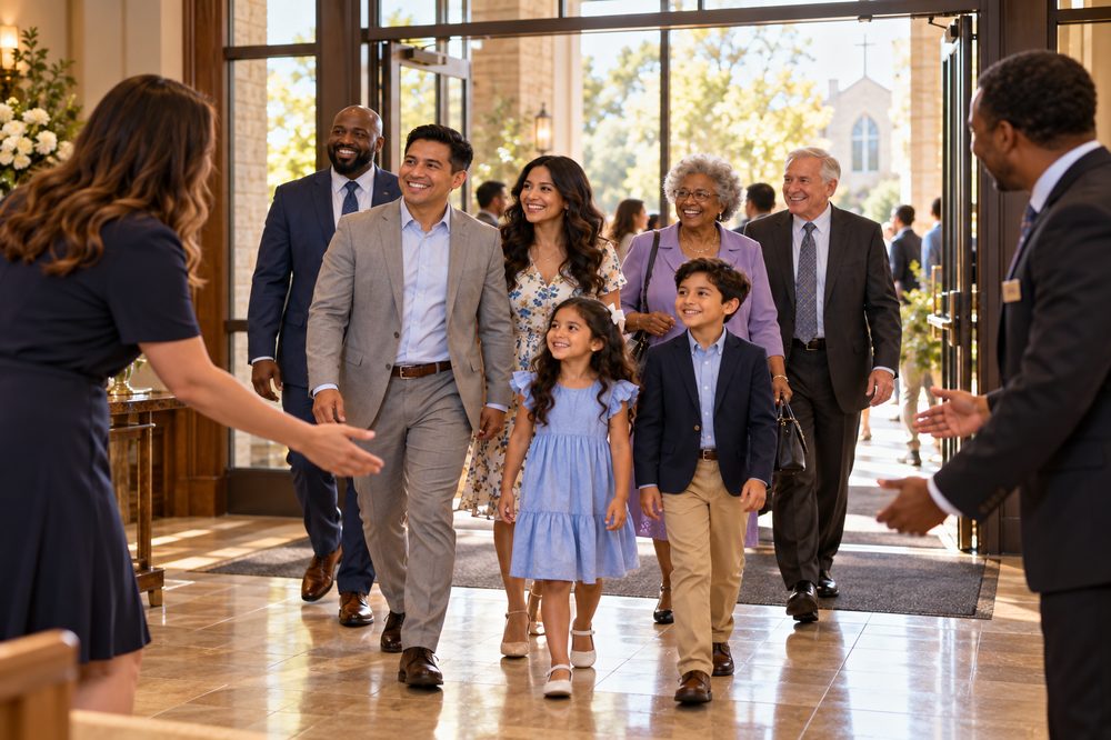 A family being warmly greeted as they walk into a church lobby